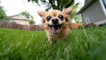 A cheerful Chihuahua running on green grass, showcasing joy and playfulness. photo