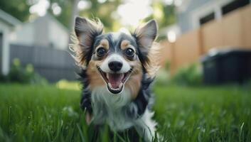 A happy dog running on green grass in a backyard setting. photo
