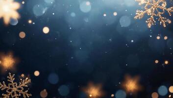 A festive background with shimmering lights and snowflakes. photo