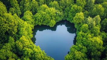Aerial view of a heart-shaped pond surrounded by lush greenery. photo