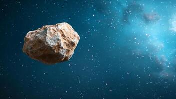 A rocky asteroid floating in a starry space background. photo