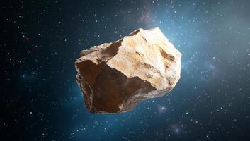 A rocky asteroid floating in a cosmic space background. photo