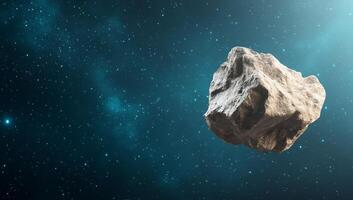 A rocky asteroid floating in space against a starry background. photo