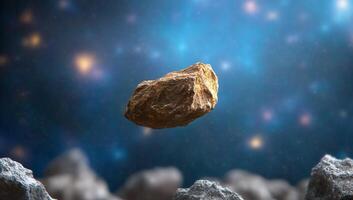 A floating rock in a cosmic space scene surrounded by asteroids. photo