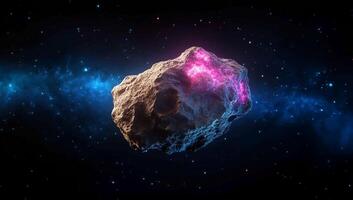 A glowing asteroid floating in a colorful cosmic background. photo