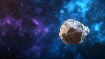 A rocky asteroid floating in a colorful cosmic background. photo