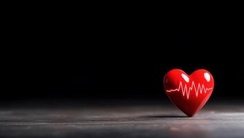 A red heart with a heartbeat line against a dark background. photo