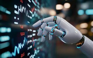 A robotic hand interacts with digital data displays. photo