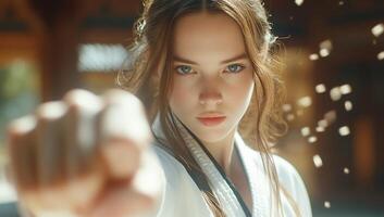 A woman in karate gear is pointing at the camera photo