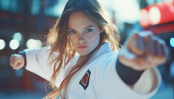 A woman in a karate uniform is pointing at the camera photo