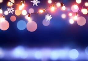 A festive background with lights and snowflakes for winter celebrations. photo