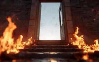 A doorway surrounded by flames, suggesting danger and escape. photo