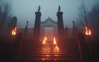 A gate with flames and statues in the fog photo