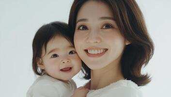 A joyful mother holding her smiling baby against a light background. photo