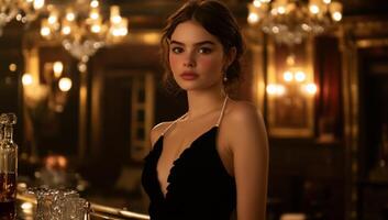 A woman in a black dress standing in front of a bar photo