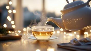 A steaming cup of tea being poured from a teapot, surrounded by soft lights. photo
