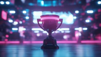 A glowing trophy on a futuristic stage, symbolizing achievement. photo