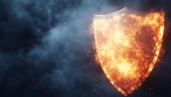 A shield with flames and smoke coming out of it photo