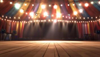 A vibrant circus stage with colorful drapes and bright lights. photo