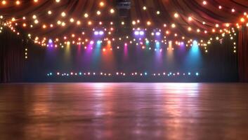 A vibrant stage with colorful lights ready for a performance. photo