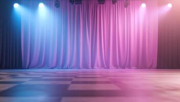 A stage with curtains and lighting, ready for a performance. photo