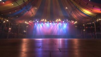 A vibrant circus tent interior with colorful lights and an empty stage. photo