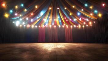 A vibrant circus stage illuminated with colorful lights and draped fabric. photo