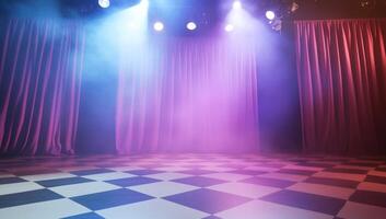 A stage with colorful lighting and checkered flooring, ready for a performance. photo