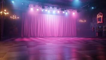 A stage with curtains and colorful lighting, ready for a performance. photo