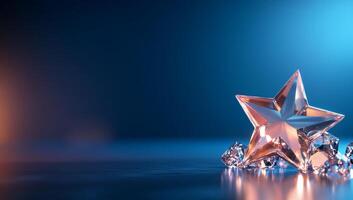 A crystal star surrounded by smaller gems on a reflective surface. photo