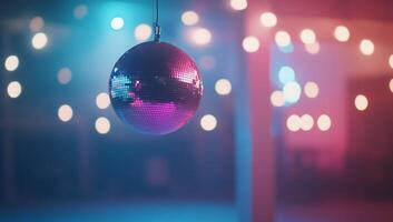 A disco ball hanging in a colorful, ambient setting. photo