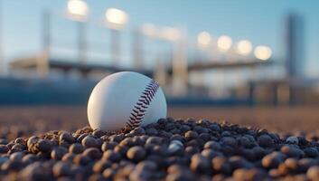 A baseball resting on a mound of dirt, set against a blurred background. photo