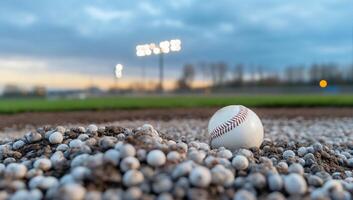A baseball resting on a gravel field with lights in the background. photo