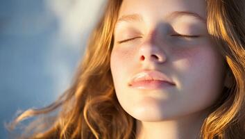 A woman with her eyes closed and her face open photo