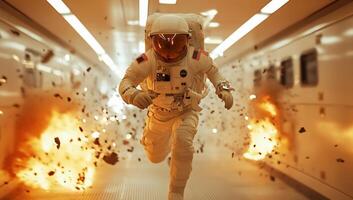 An astronaut running through a tunnel with fire coming out of the wall photo