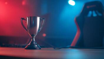 A trophy on a desk with a gaming chair in a colorful atmosphere. photo