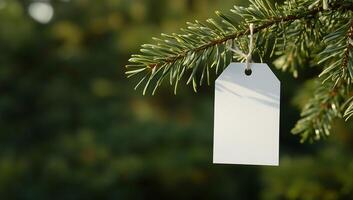 A blank white tag hanging from a pine tree branch photo