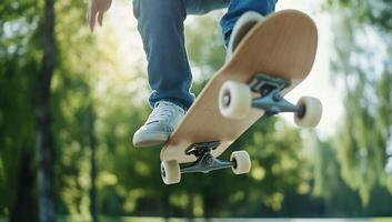 A skateboarder performs a trick in a sunny park setting. photo