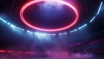 A futuristic arena with neon lights and fog, designed for events. photo
