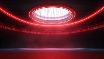 A futuristic arena with a circular light and smoky atmosphere. photo