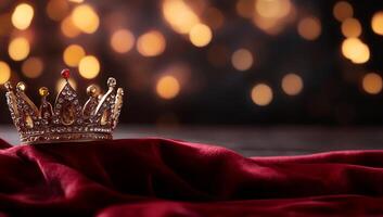 A sparkling crown resting on luxurious fabric with a bokeh background. photo