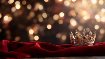 A golden crown rests on a red fabric, illuminated by soft bokeh lights. photo