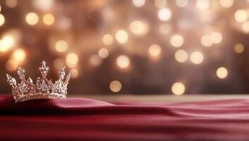 A sparkling crown rests on a rich red fabric with a bokeh background. photo