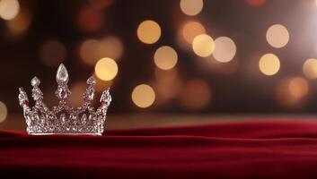 A sparkling crown rests on a red fabric with a blurred background. photo