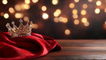 A sparkling crown rests on a red fabric, illuminated by soft lights. photo