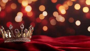 A golden crown rests on a red fabric, set against a bokeh background. photo