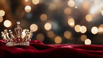A decorative crown rests on luxurious fabric with a bokeh background. photo