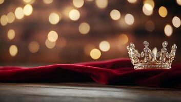 A decorative crown resting on a red fabric with blurred lights. photo