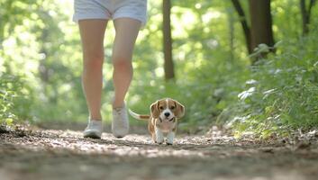 A person walks a small dog on a forest path surrounded by greenery. photo