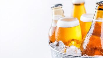 Beer bottles in a bucket with ice photo